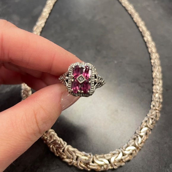 Sterling Silver Byzantine Chain and Pink Tourmaline Art Deco Ring - Picture 3 of 5